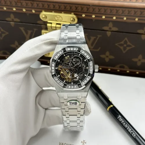Audemars Piguet Royal Oak Openworked Frosted 15412 Skeleton Dial Bezel Stone Baguette 41mm Super Clone